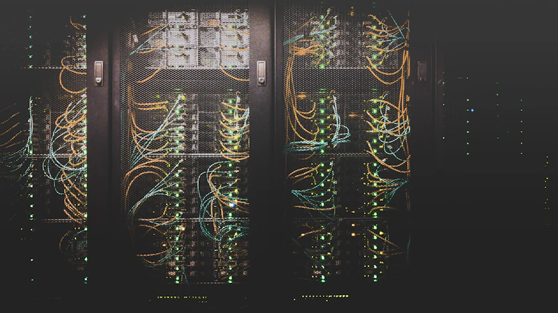 Corredor de servidores em um data center com iluminação fria
